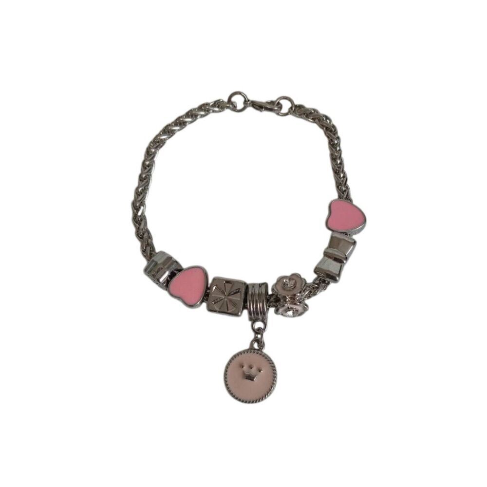 Pink Princess Crown Silver Toned Spiga Wheat Chain Hearts Flowers Charm Bracelet